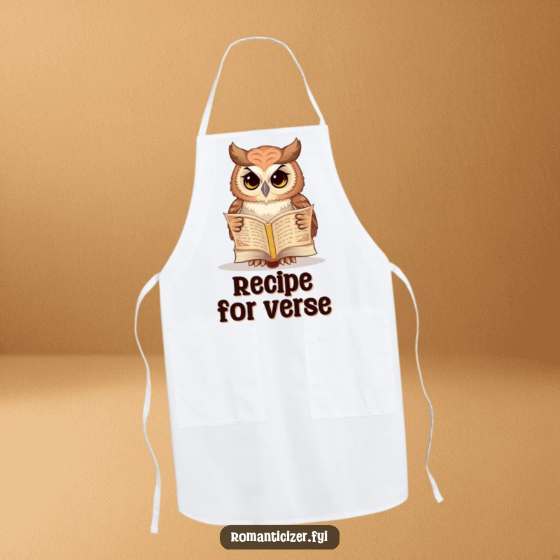Funny owl apron with a wise owl reading poetry, perfect for a funny kitchen scholar or home chef.