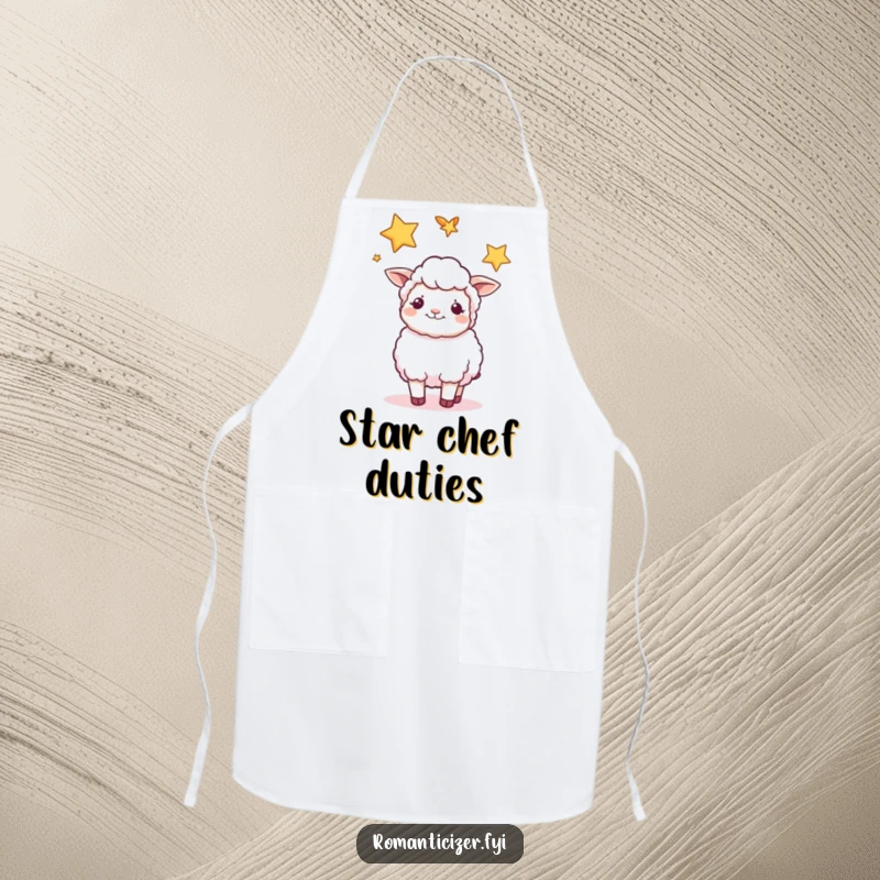 Funny sheep apron showing a content sheep gazing at two intertwined stars, perfect for a cook with a peaceful spirit.