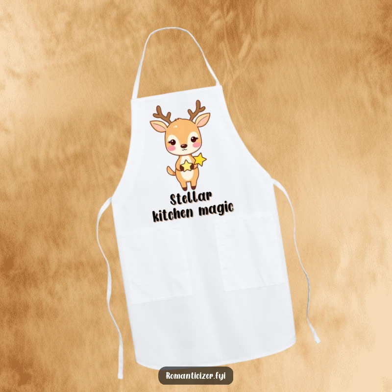 Funny apron showing a sweet deer holding hands with a tiny star, adding whimsical charm to kitchen tasks.