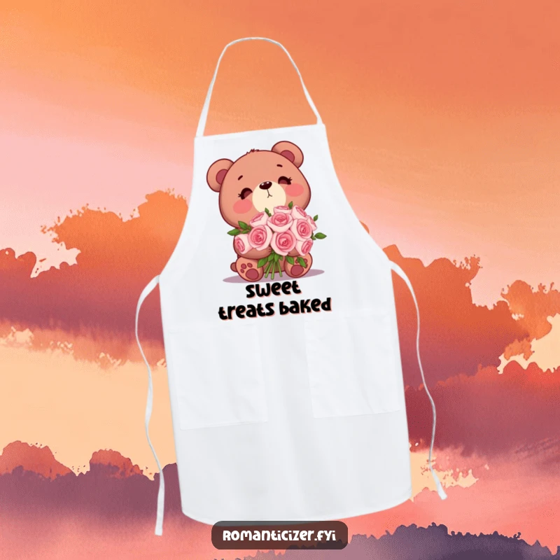 Funny Bear Apron: A cute bear holding roses looks dreamily upwards, bringing romantic charm to kitchen tasks.