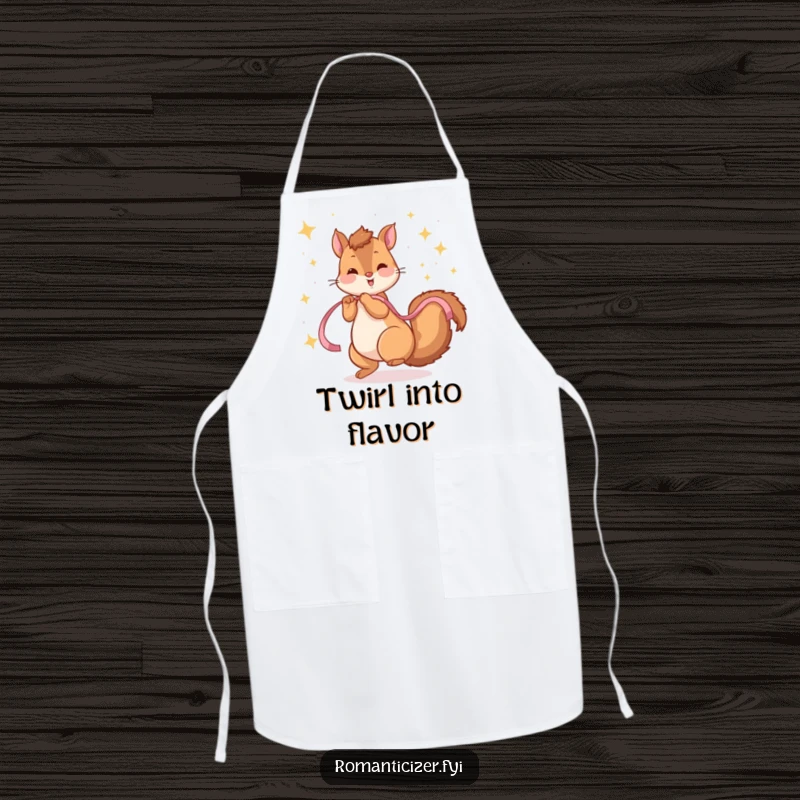 Funny apron with a playful squirrel twirling with a ribbon under sparkling stars, ready for kitchen magic.