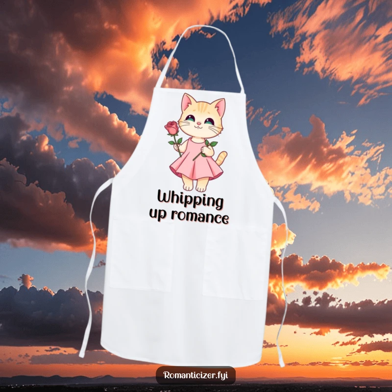 Funny apron with a cat in a dress offering a rose, perfect for a stylish cook.
