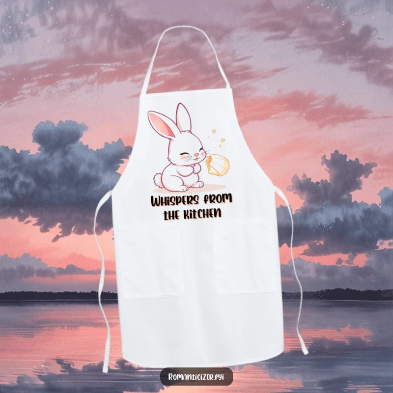 Funny Rabbit Apron featuring a curious rabbit listening with delight to a seashell, a charming kitchen accessory.