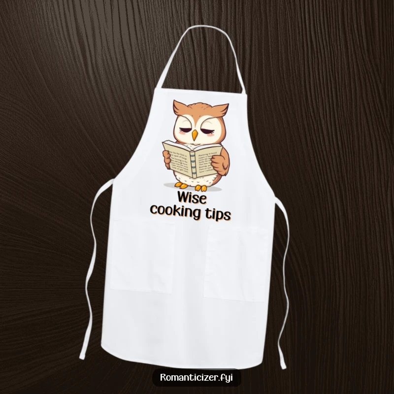 Funny owl apron showing a wise owl reading sonnets aloud, perfect for a chef with a love for literature.