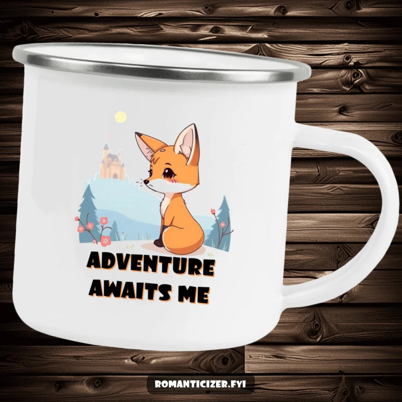 Funny camping mug featuring a charming fox gazing wistfully at a distant, glowing castle.