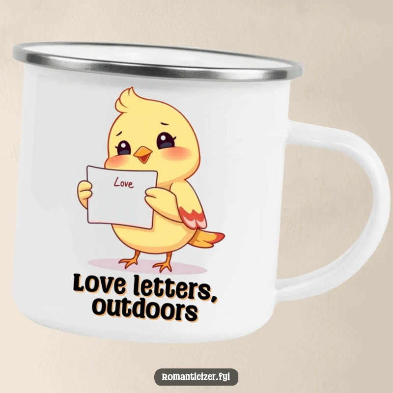 Funny camping mug featuring a happy small bird holding a love letter aloft, sharing romance on the go.