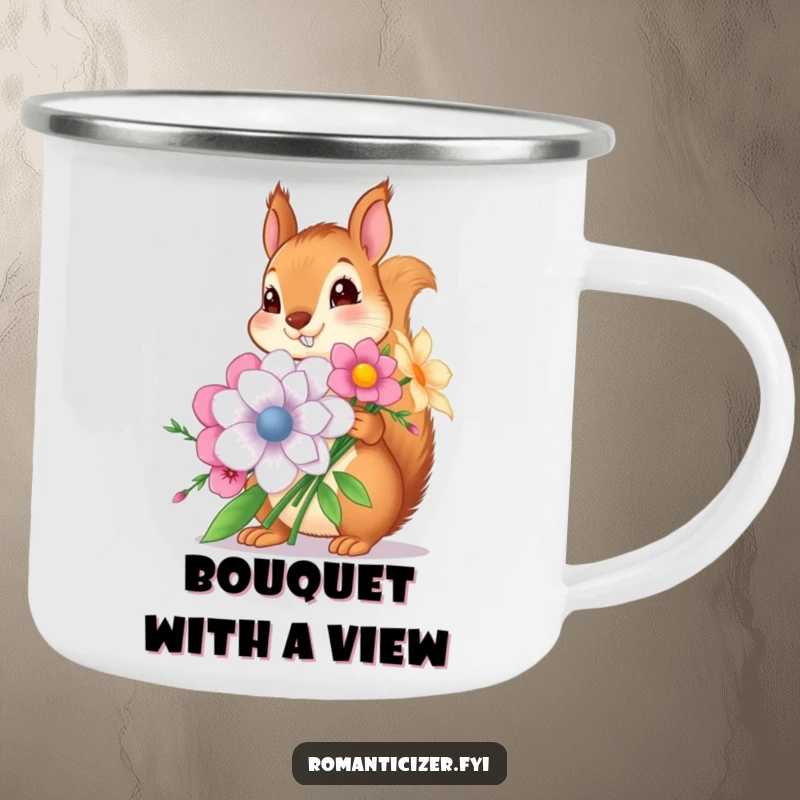 Funny camping mug featuring a squirrel with a large flower bouquet, durable and humorous, perfect funny gift for campers.