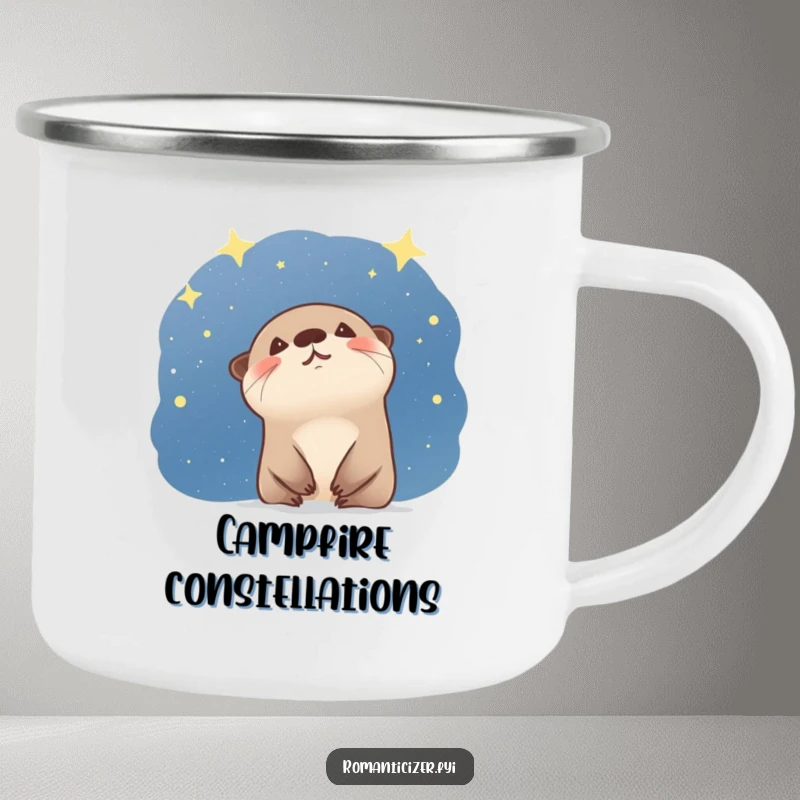 Funny otter camping mug with a giggling creature gazing at stars, perfect for humorous outdoor moments. Cute gift.