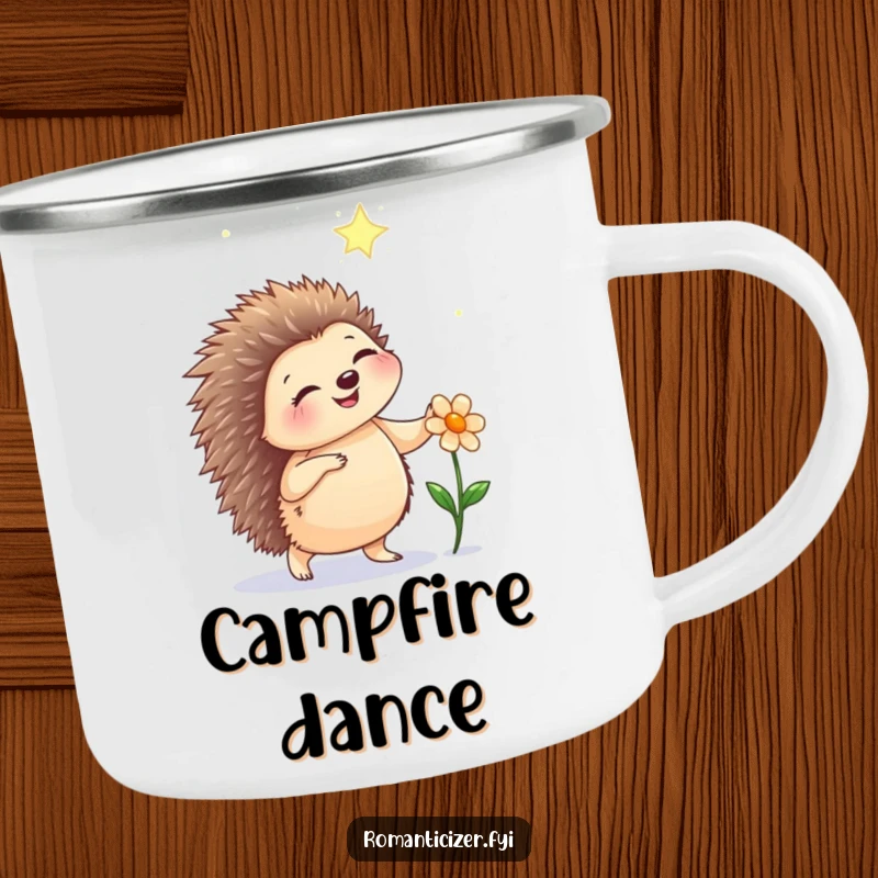Funny hedgehog camping mug showing a happy hedgehog dancing under starlight with a flower, perfect for enjoying drinks outdoors.
