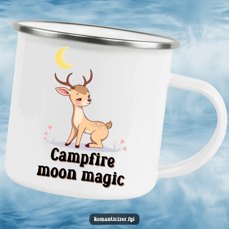 Romantic deer camping mug showing a graceful deer gazing at a crescent moon. Rugged and enchanting drinkware for nature lovers.