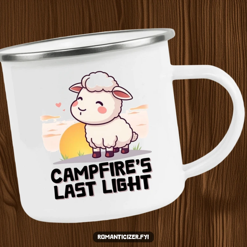 Funny sheep camping mug showing a content sheep watching a spectacular sunset, perfect for outdoor sipping.