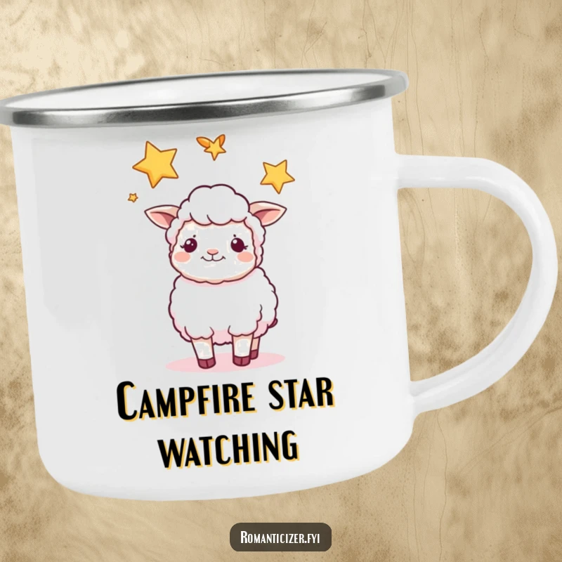 Funny sheep camping mug showing a content sheep gazing at two intertwined stars, perfect for enjoying drinks under the night sky.