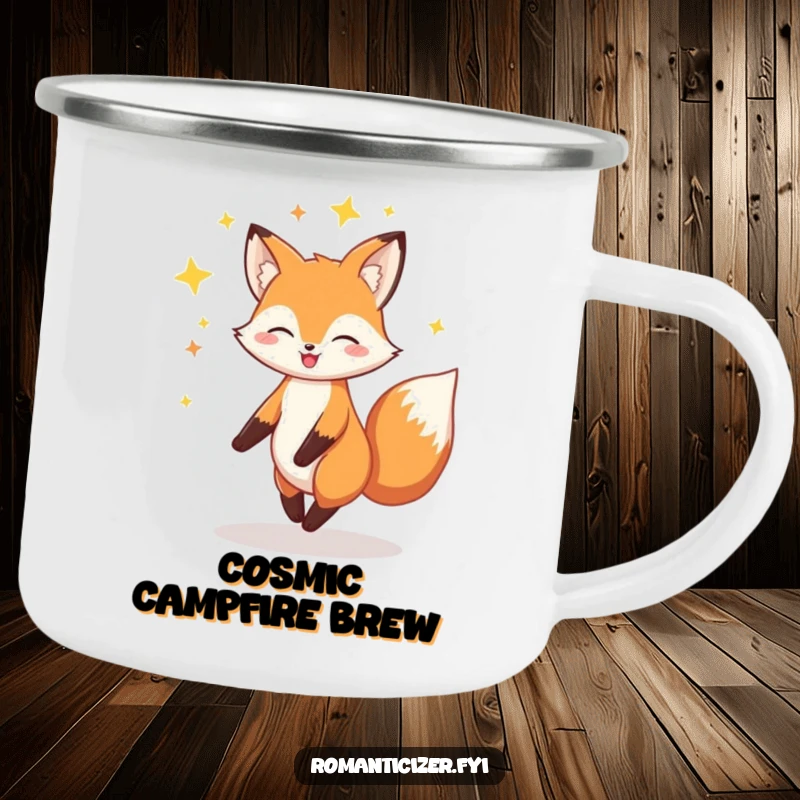 Funny Fox Camping Mug: A cheerful fox twirls with a halo of stars, perfect for rugged outdoor enjoyment with magic.