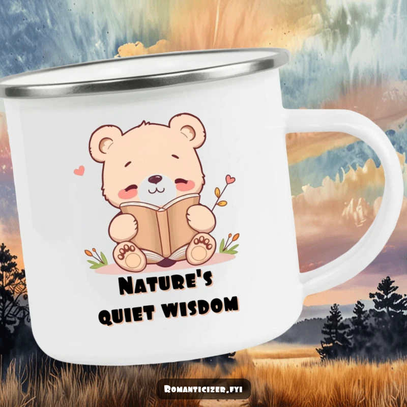 Funny camping mug with a bear cub reading a poetry book, perfect for enjoying drinks outdoors with a literary twist.