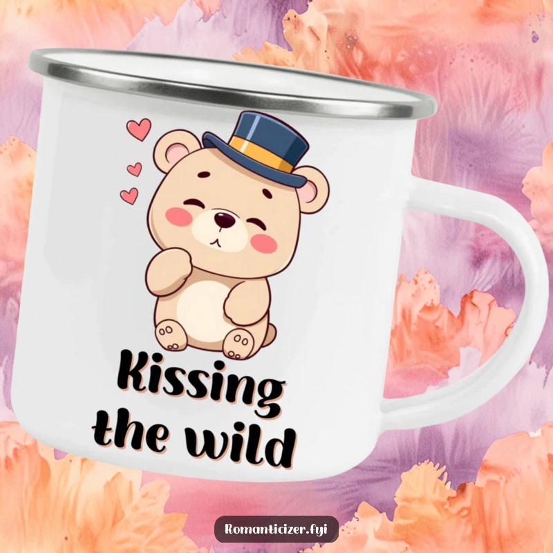 Funny camping mug with a bear in a top hat blowing a kiss and winking, perfect for outdoor charm.