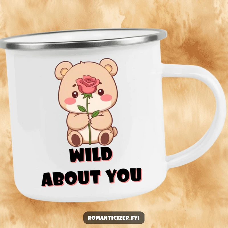 Funny camping mug featuring a small, dreamily expressive bear presenting a single red rose outdoors.