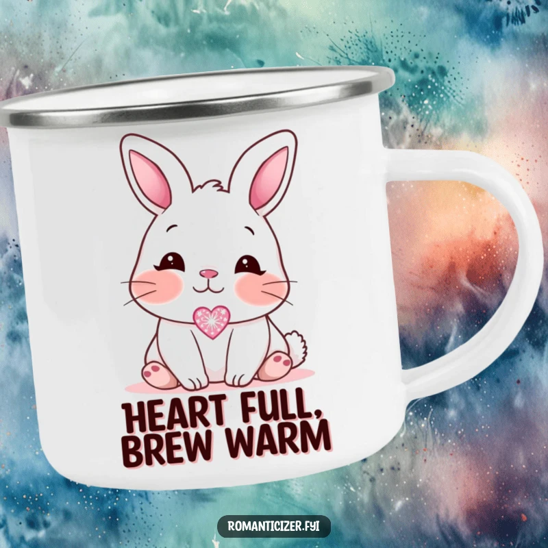 Funny blushing bunny camping mug, depicting a sweet bunny looking affectionately at a small, sparkling heart icon, ideal for cute outdoor moments.