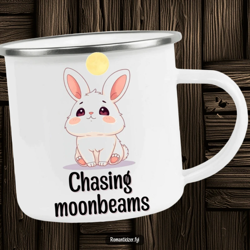 Funny camping mug featuring a fluffy bunny with adoring eyes looking up at the moon.