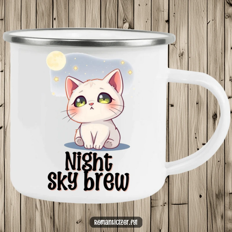 Funny cat moon camping mug featuring a dreamy cat gazing at the moon, stars in its eyes, for outdoor enjoyment.