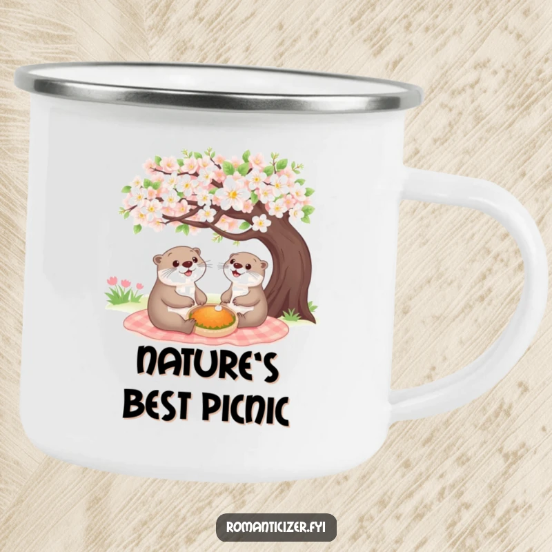 Funny cheerful otter camping mug featuring a happy animal having a picnic under a blooming tree, perfect for outdoor enthusiasts who love charm.