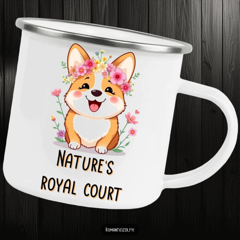 Funny Camping Mug featuring a happy corgi wearing a wildflower crown and smiling, perfect for enjoying drinks outdoors with joy.