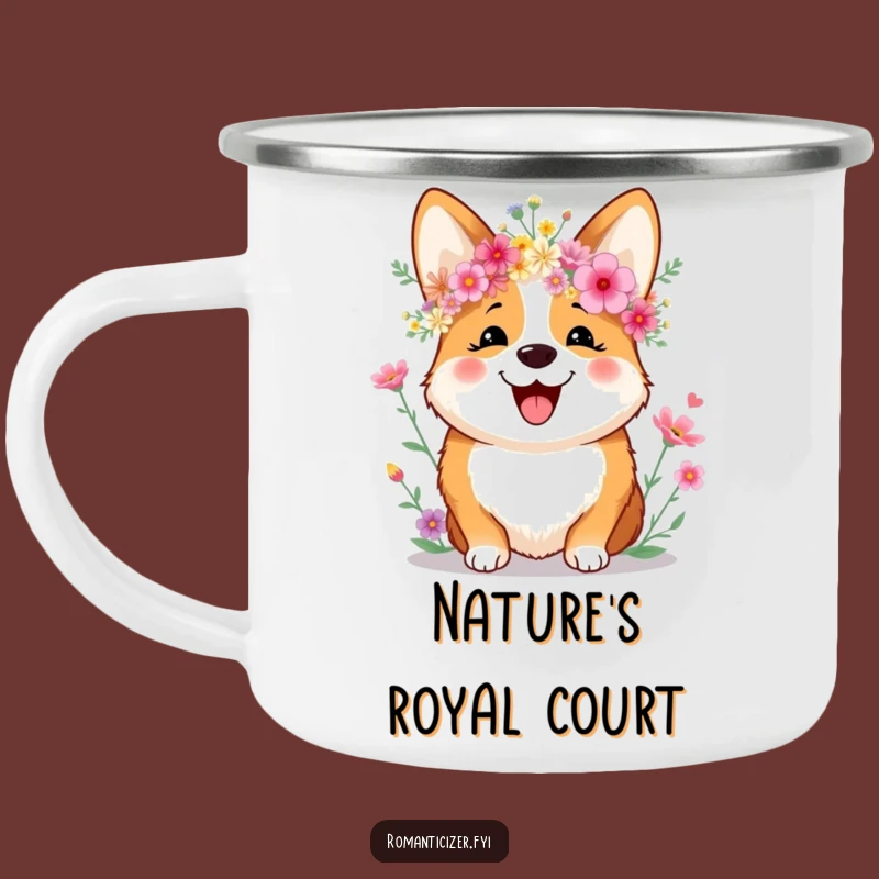 Funny Corgi Camping Mug: Wildflower Crown Brew, Joyful Dog Adventure Cup