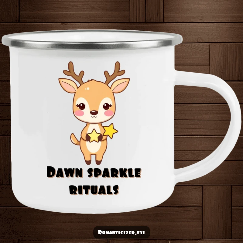 Funny camping mug featuring a sweet deer holding hands with a tiny star, perfect for outdoor adventures.