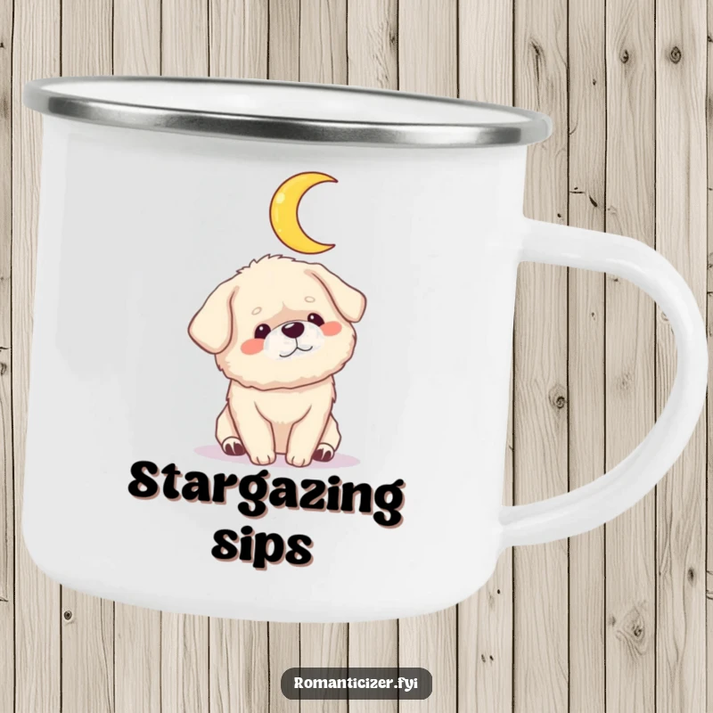 Funny dog moon camping mug showing a fluffy dog gazing adoringly at a crescent moon. Humorous and durable for outdoor adventures.