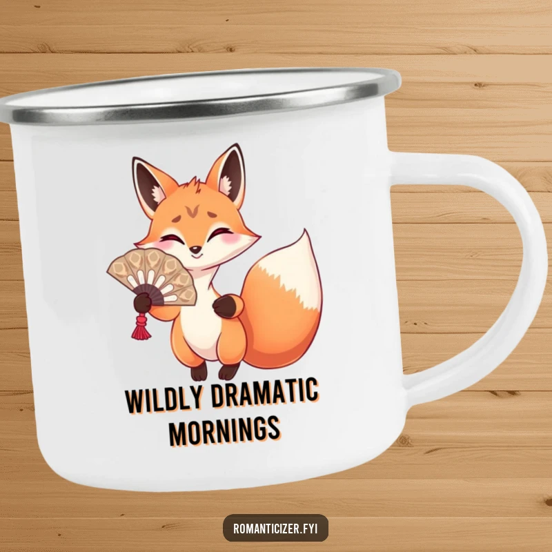 Funny fox camping mug featuring a playful fox with a fan, gesturing dramatically, perfect for outdoor relaxation.