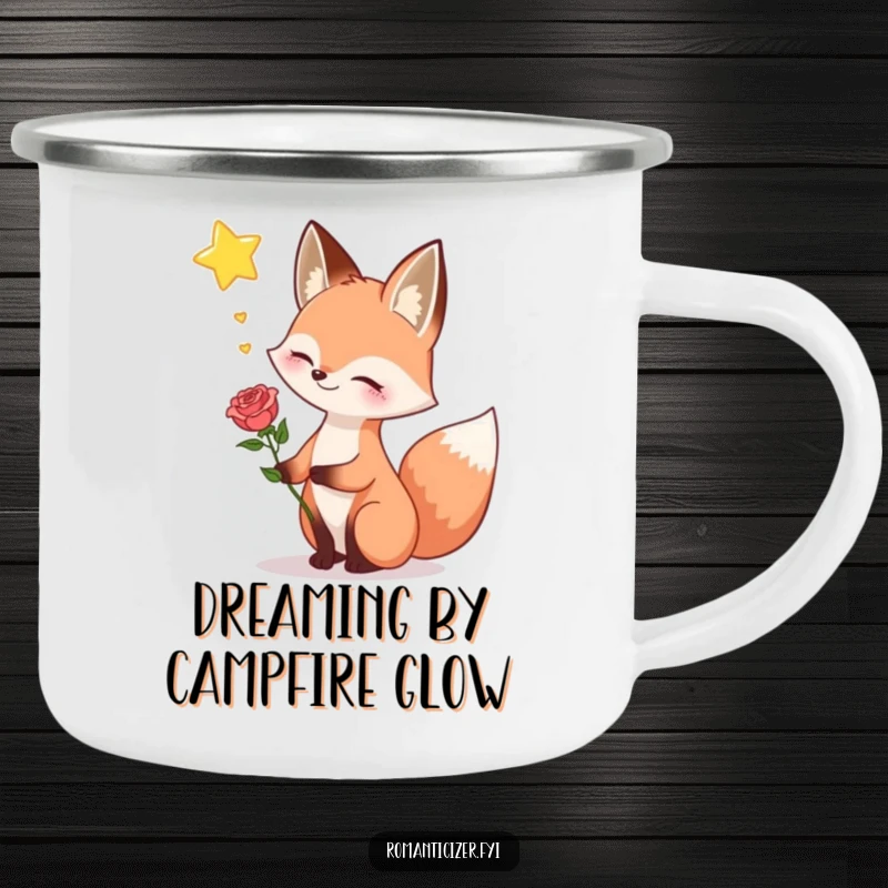 Funny fox camping mug, depicting a happy fox holding a rose, sighing dreamily towards a star, ideal for romantic outdoor moments.