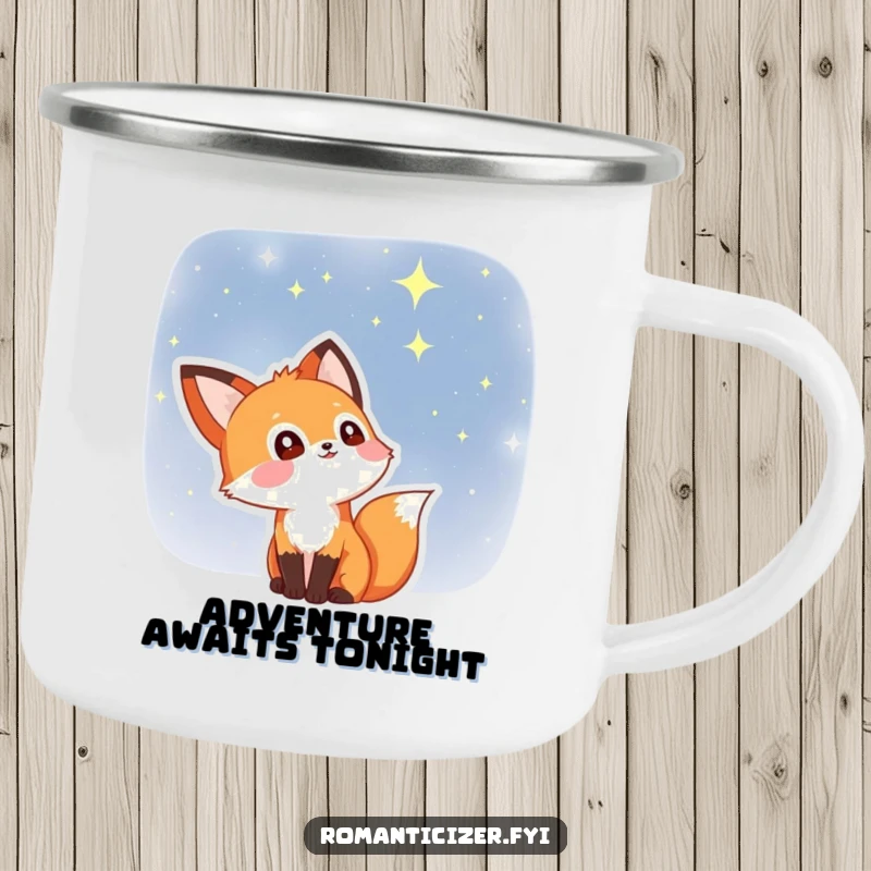 Funny fox camping mug showing a delighted fox with stars in its eyes, looking up at a starry night sky. Rugged and whimsical drinkware.