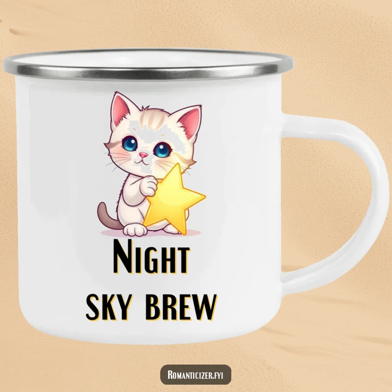 Funny kitten star camping mug showing a kitten dramatically posing with a single, glowing star. Humorous and durable for outdoor adventures.