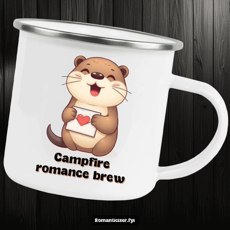 Funny Otter Camping Mug showing a happy otter clutching a tiny love letter, ready for outdoor adventures.