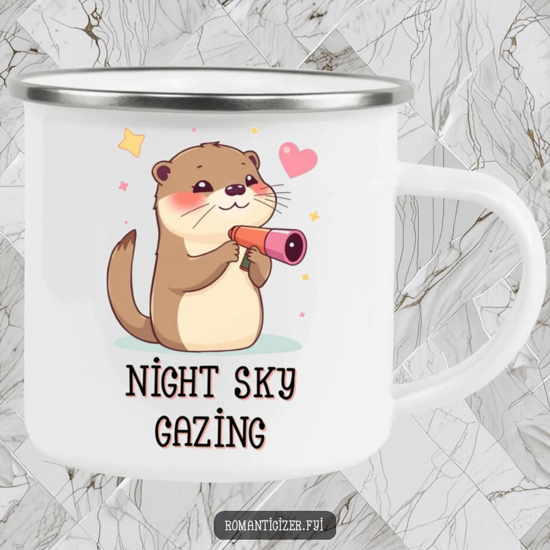 Funny camping mug, an otter humorously gazing at stars through a heart-shaped telescope, ideal for cosmic outdoor moments.