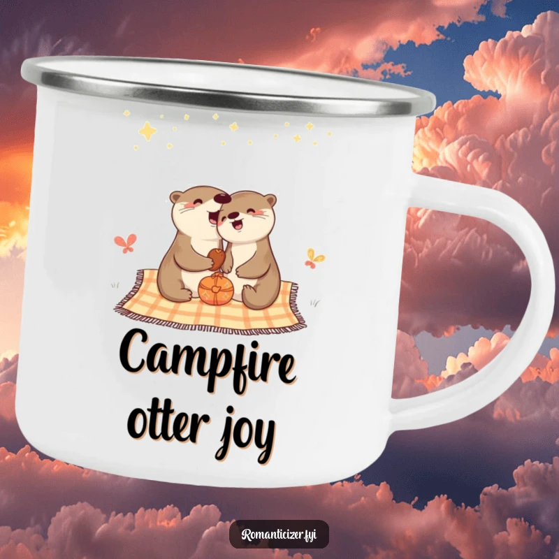 Funny camping mug featuring a cheerful otter enjoying a picnic under a starry night sky.
