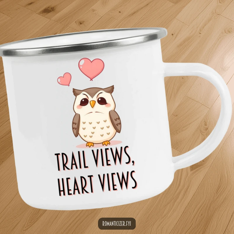 Funny camping mug featuring a serene owl observing two soft hearts drifting upwards, perfect for rugged outdoor use and humor.