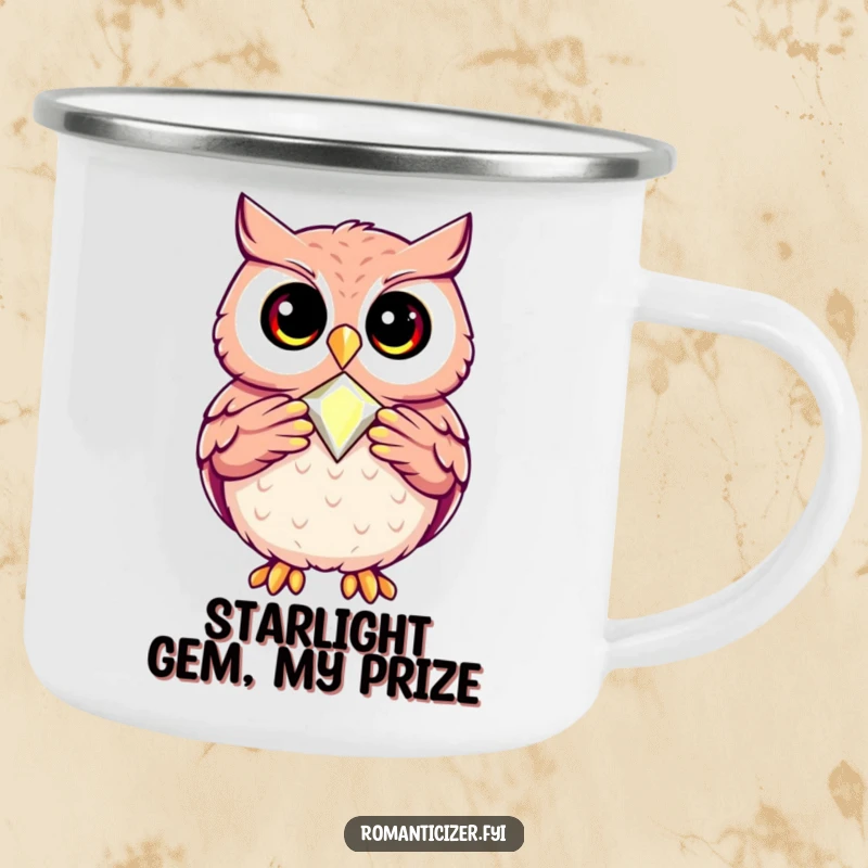 Funny camping mug with a happy owl presenting a glittering jewel, embodying wisdom and appreciation for fine things.