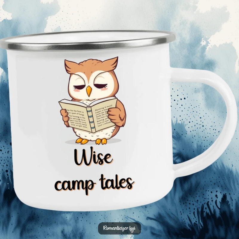 Funny owl camping mug showing a wise owl reading sonnets aloud, perfect for enjoying drinks during outdoor literary moments.