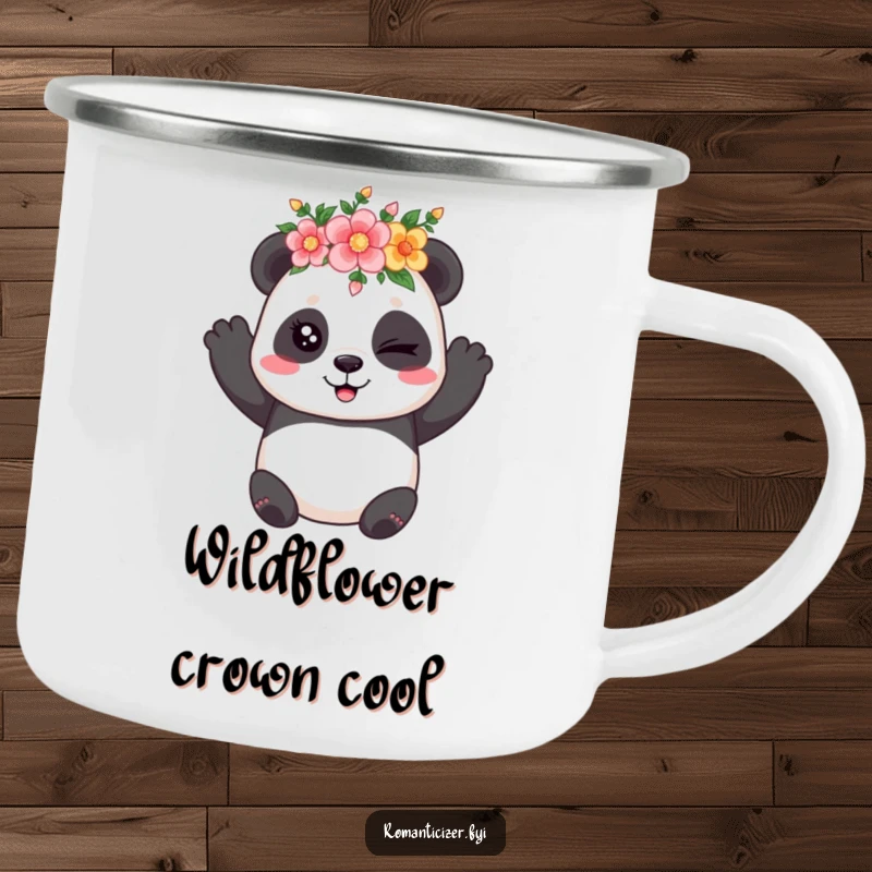 Funny camping mug featuring a playful panda in a flower crown, winking coyly, perfect for cheerful outdoor sipping.