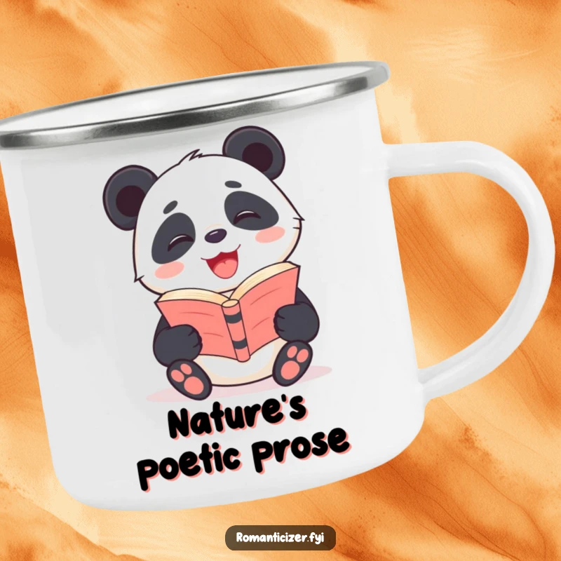 Funny Panda Camping Mug showing a giggling panda with a radiant smile, holding a poetry book, for outdoor literary enjoyment.