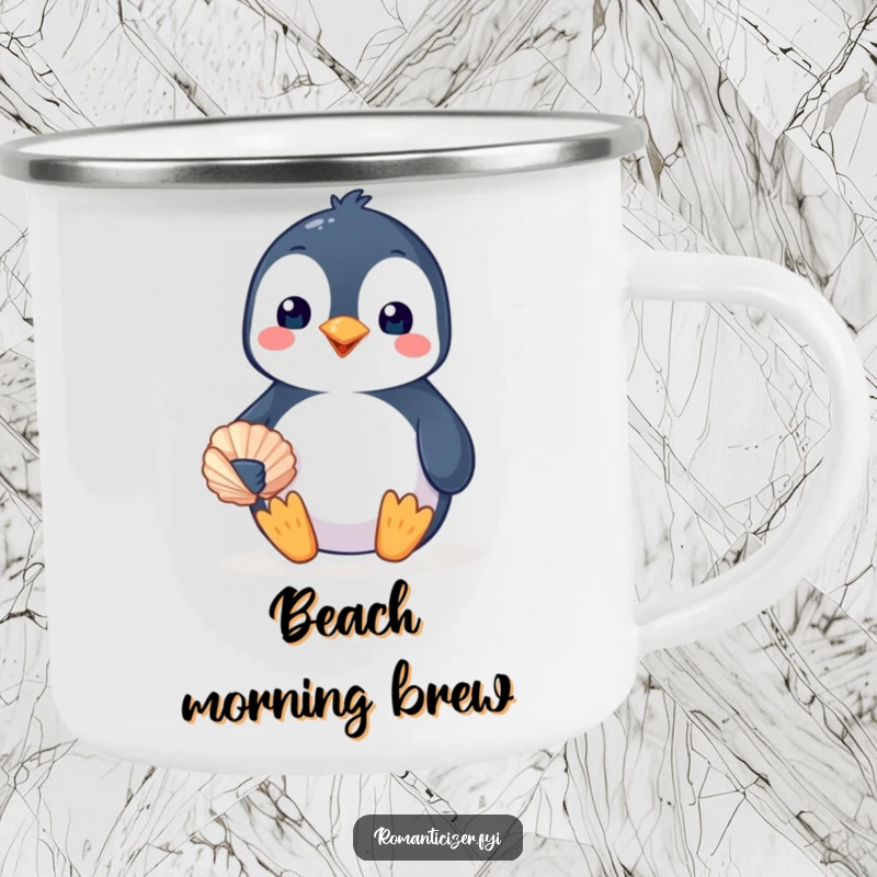 Funny penguin camping mug with a happy bird offering a seashell with a loving smile, perfect for humorous outdoor moments. Cute gift.