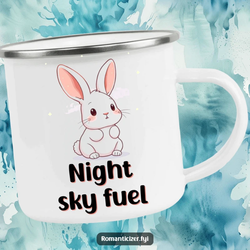 Funny rabbit camping mug featuring a curious bunny gazing at a sky full of twinkling stars, perfect for outdoor sipping.