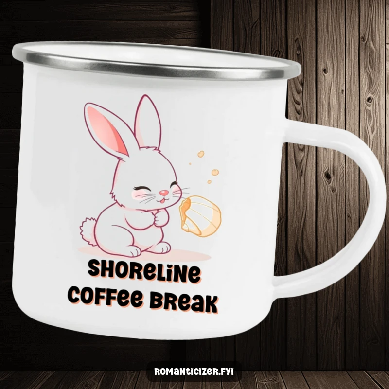 Funny Rabbit Camping Mug showing a curious rabbit listening with delight to a seashell, ready for outdoor exploration.