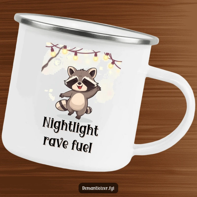 Funny Camping Mug with a happy raccoon dancing under glowing fairy lights, bringing magic to outdoor moments and warm beverages.