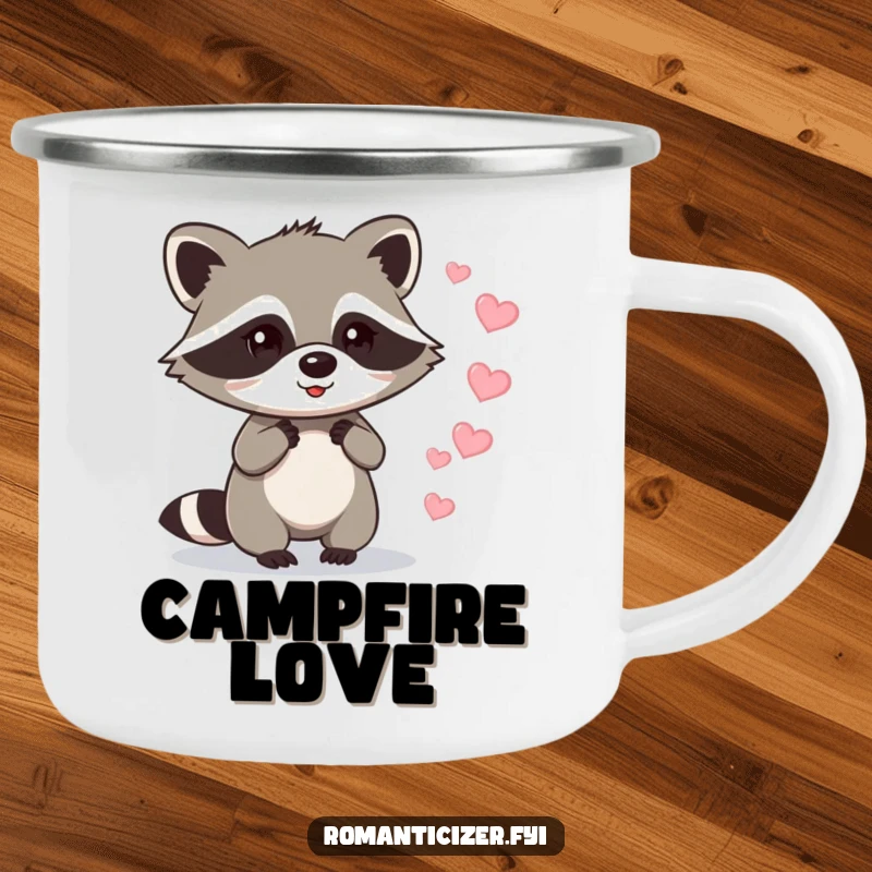 Funny raccoon camping mug showing a raccoon leaving a trail of sparkling hearts, perfect for outdoor sipping.