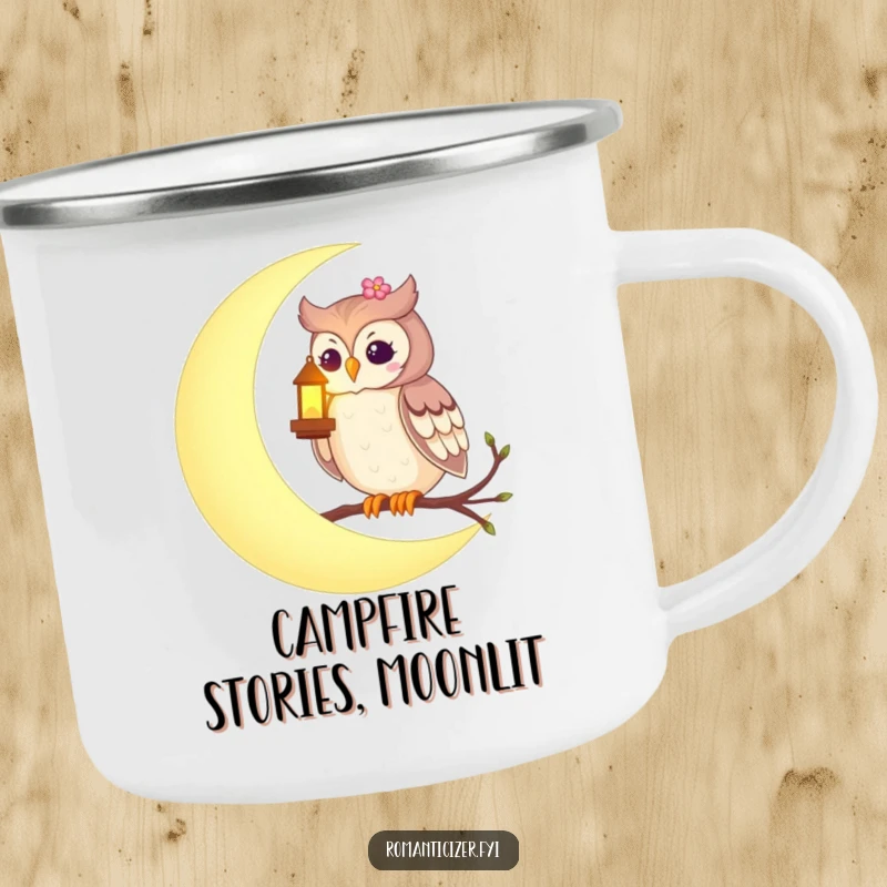 Funny camping mug with a romantic owl on a crescent moon, holding a glowing lantern, ideal for enjoying drinks outdoors.