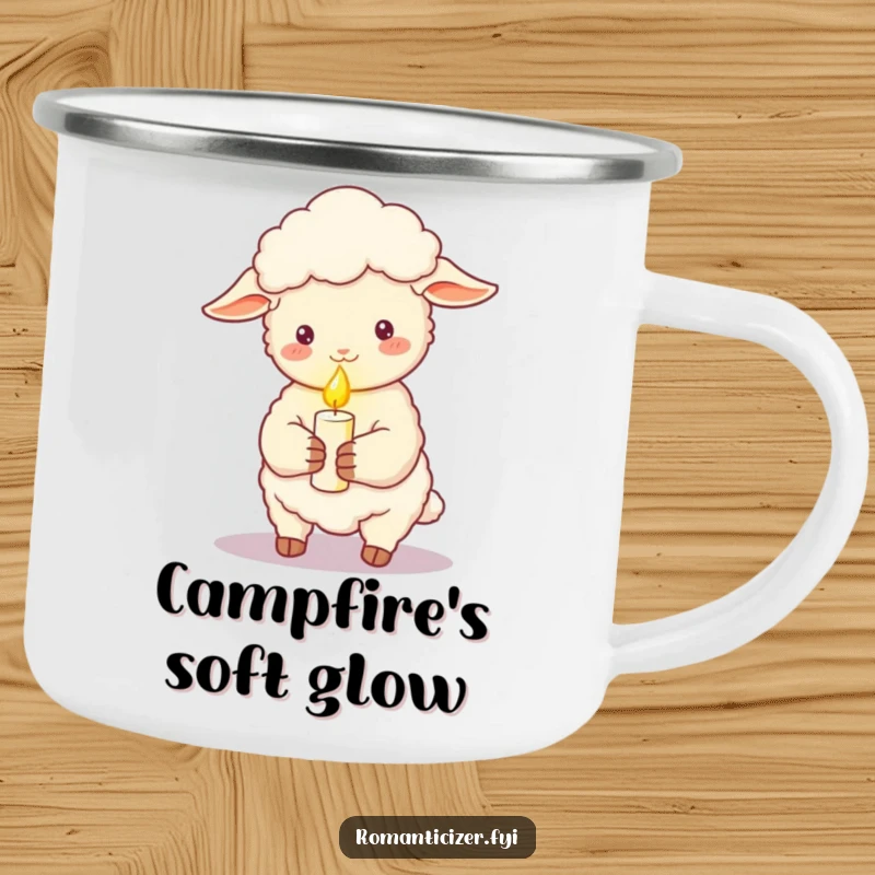 Funny sheep camping mug holding a lit candle, casting a soft romantic glow, perfect for enjoying warm drinks outdoors.