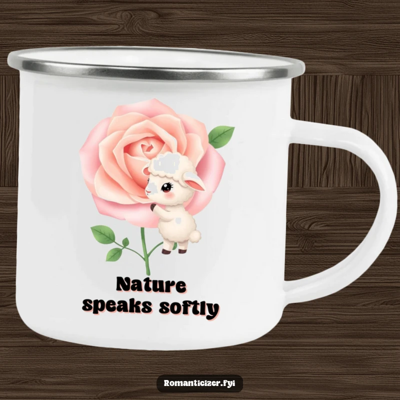 Funny Camping Mug with a little sheep whispering to a blooming rose, perfect for enjoying warm beverages outdoors with sweet humor.