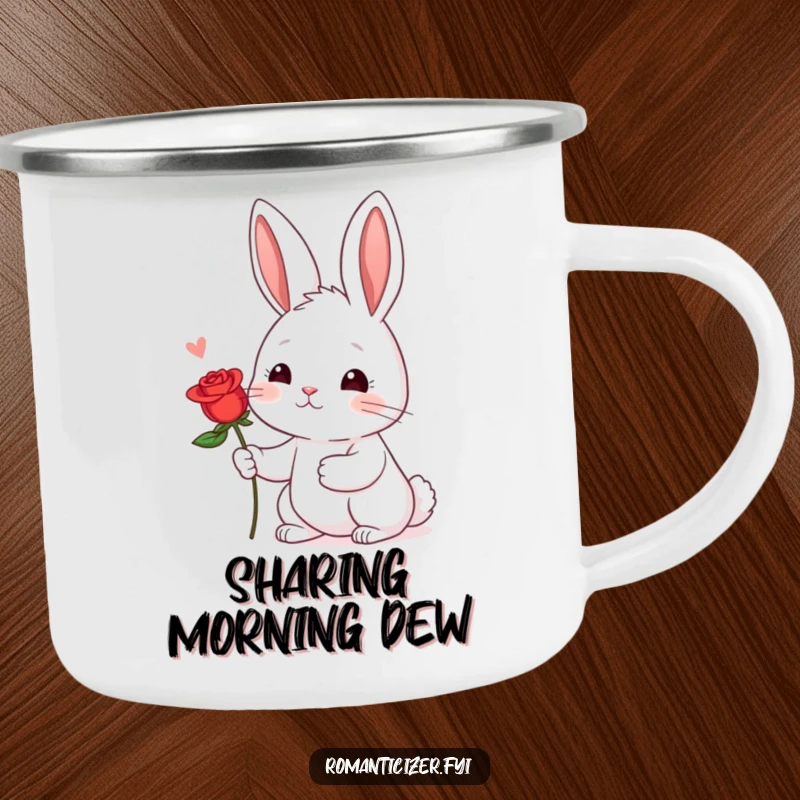 Funny Shy Rabbit Rose Camping Mug: A shy rabbit offers a red rose, ideal for sweet outdoor moments.