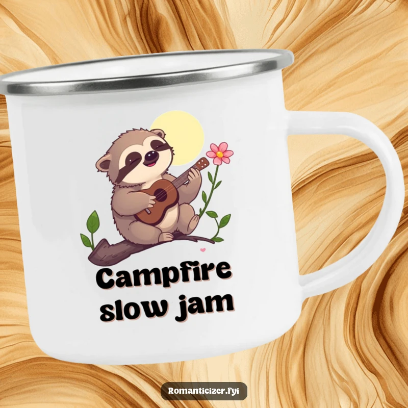 Funny camping mug, a sloth humorously playing a guitar to serenade a flower under the moon, ideal for peaceful outdoor moments.